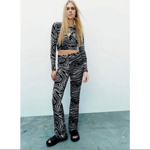 Zara Jacquard Swirl Pattern Knit Flare Pants